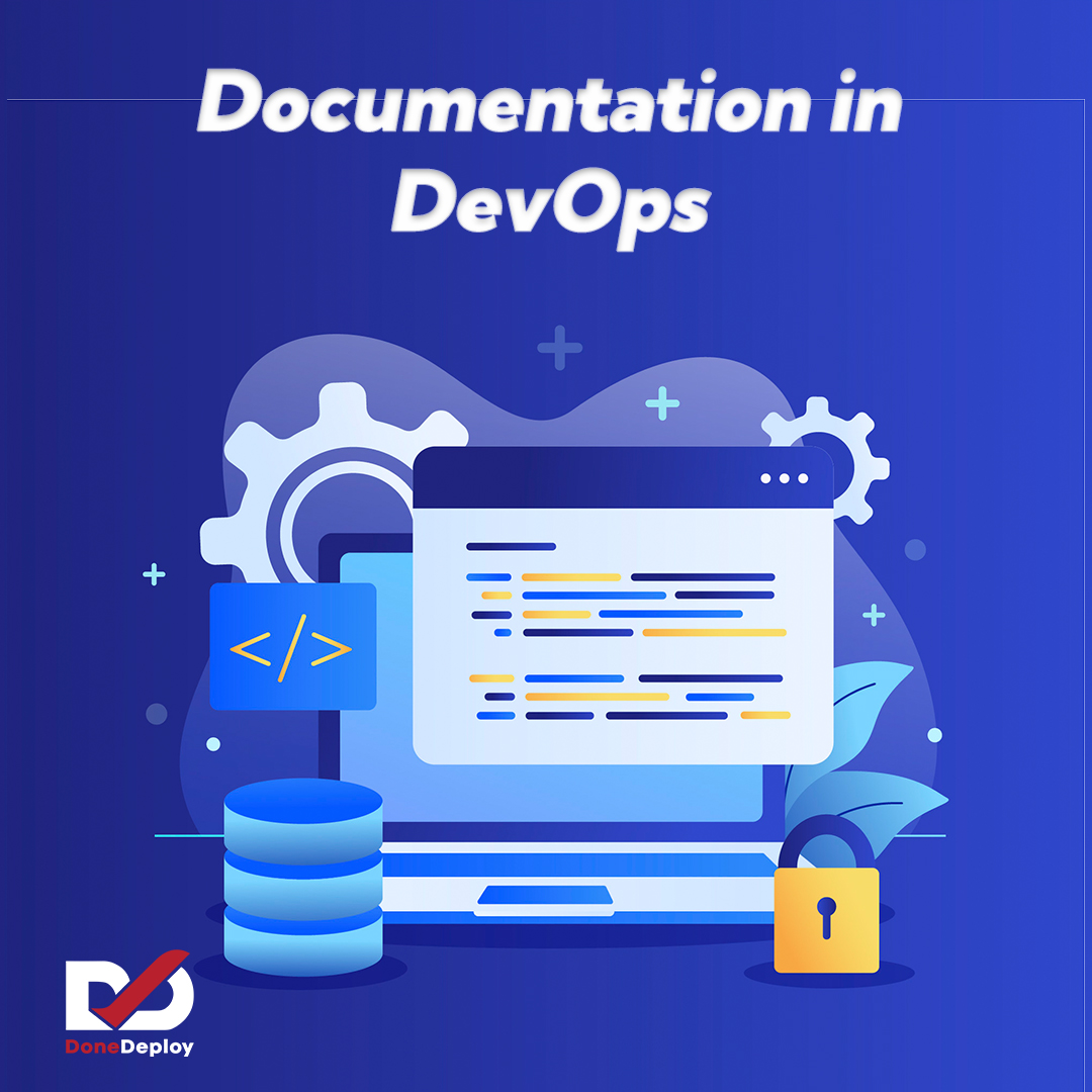 Illustration of documentation in DevOps showing coding elements, gears, and security features, highlighting the importance of maintaining detailed records in development and operations.