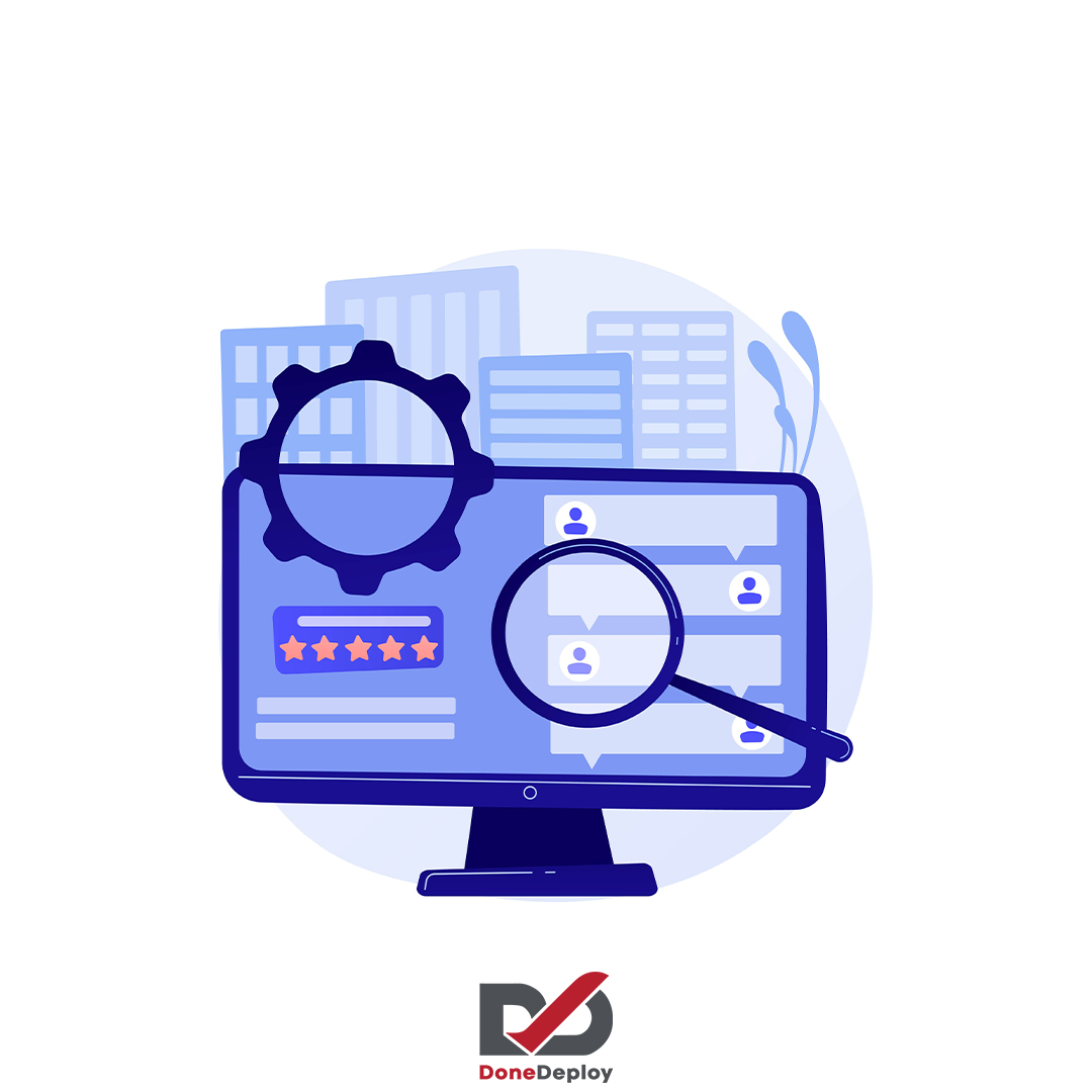 Illustration of DevOps code quality analysis, featuring a computer screen displaying user feedback, review stars, and automation gears, symbolizing continuous integration and quality monitoring in software development."