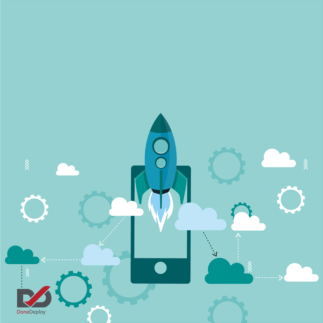 lustration of a rocket launching from a mobile device with cloud icons, symbolizing cloud credits boosting startup growth