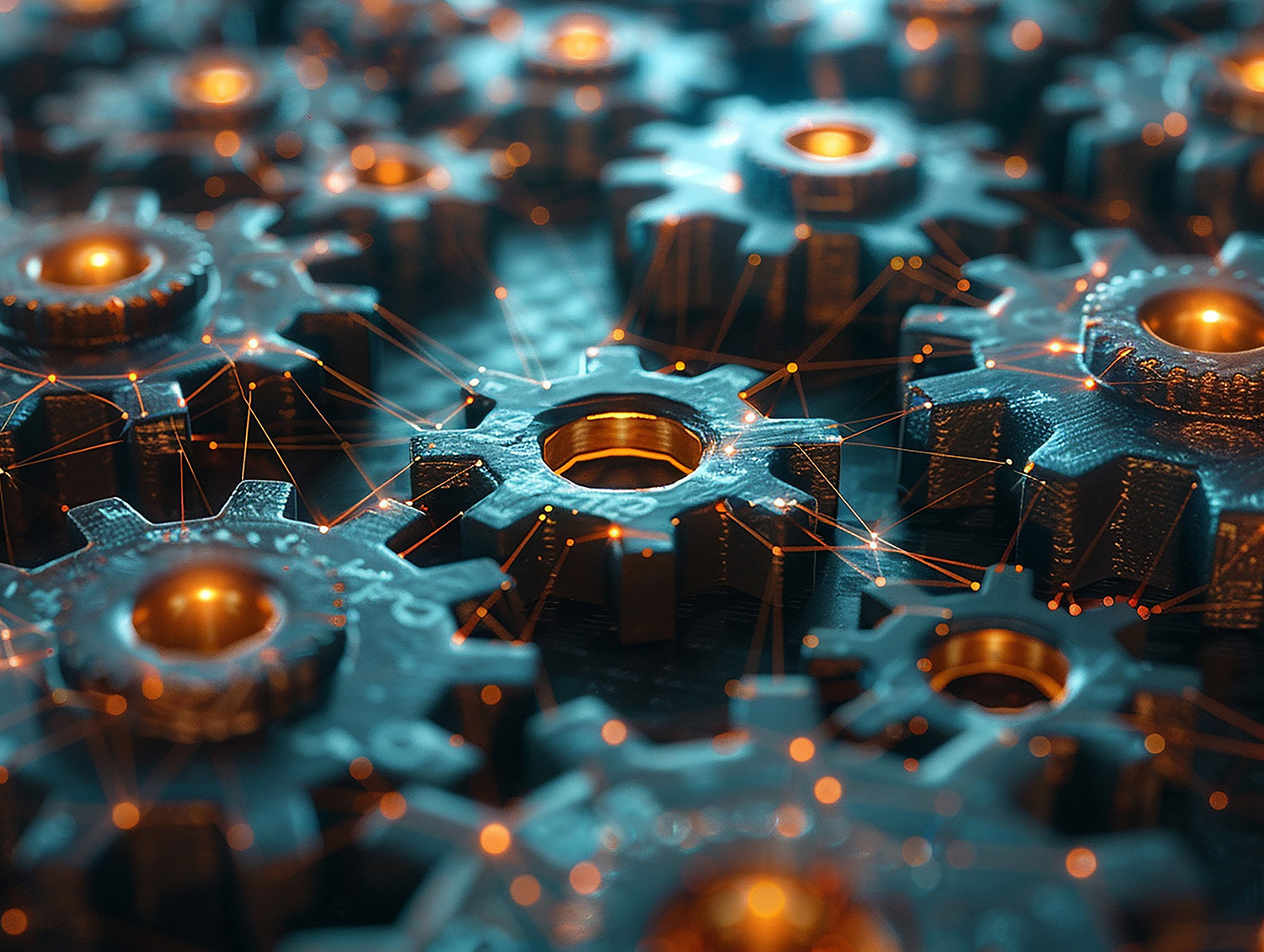 Close-up of interconnected gears with a glowing network, representing the integration of Kubernetes orchestration with mechanical processes and digital systems.