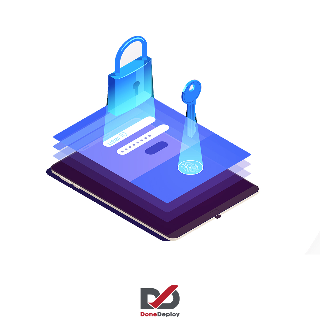 Illustration of data protection in DevOps with a digital padlock, key, and login interface symbolizing security and access control.