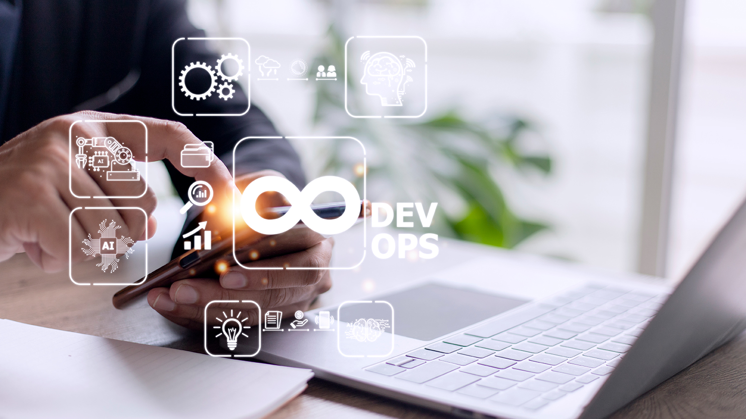 DevOps concept with AI, Terraform, and technology icons on a digital interface, representing the integration of software development, IT operations, and Infrastructure as Code for agile programming