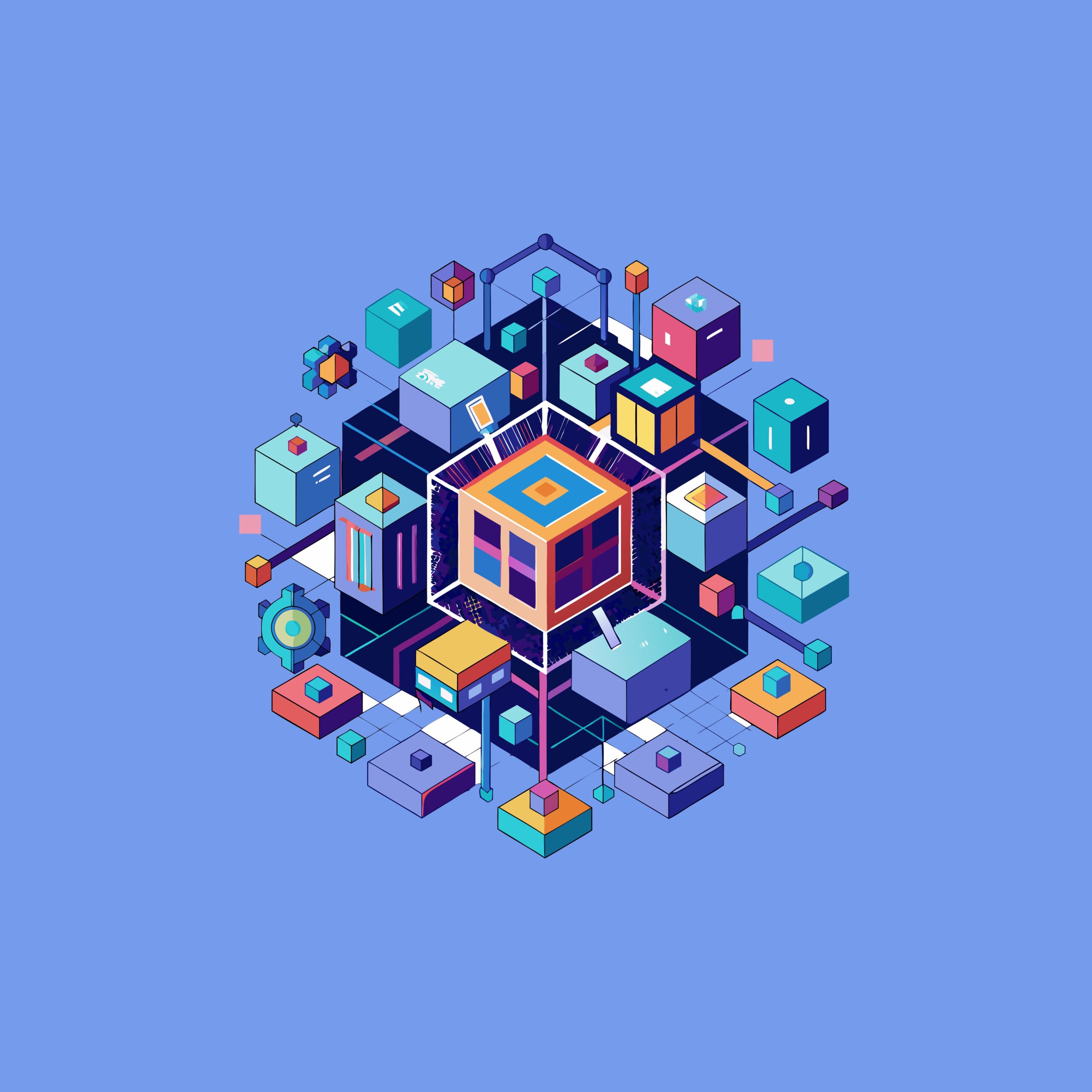 3D isometric illustration of a Kubernetes environment with interconnected colorful cubes and nodes, representing containerized applications and infrastructure management