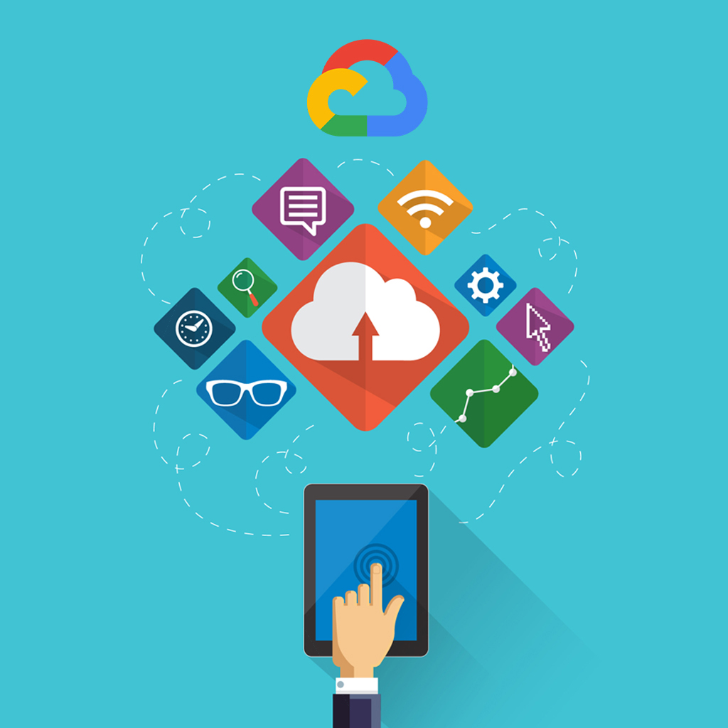 illustration depicting cloud computing with a hand interacting with a tablet, surrounded by icons representing various digital services like data management, communication, and online connectivity