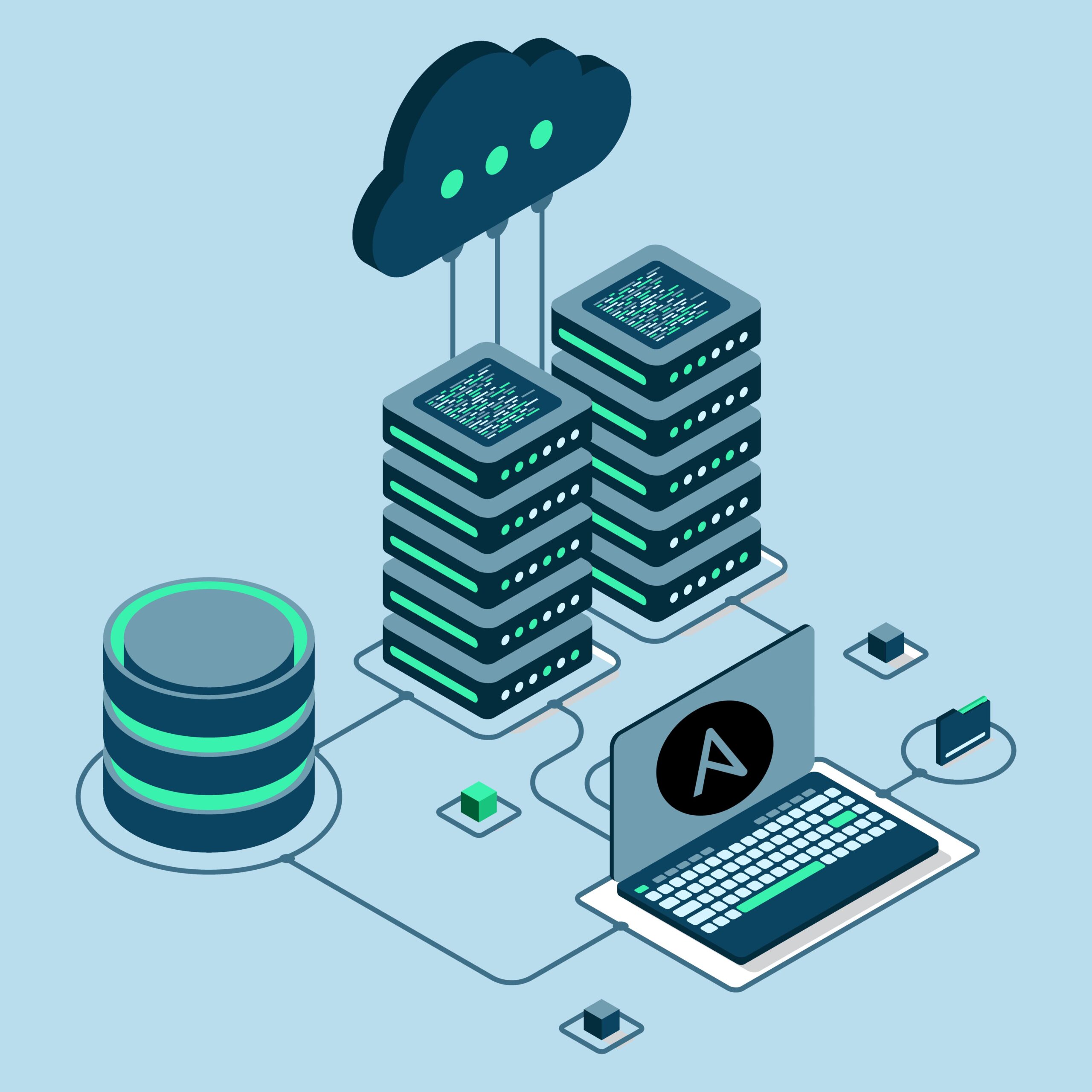 Illustration of Ansible Playbooks automating cloud infrastructure and server management