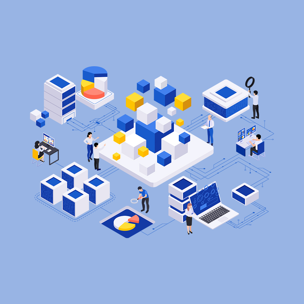 Illustration of microservices architecture, showing DevOps integration with independent services, API management, and system scalability