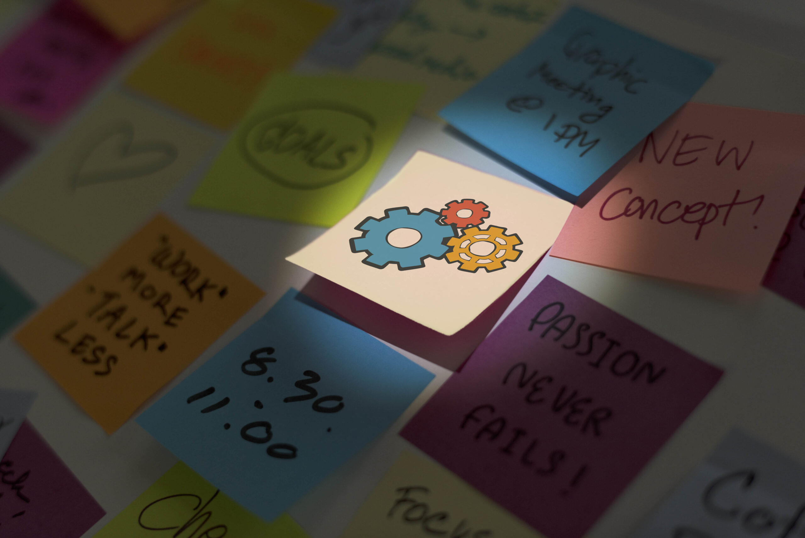 Sticky notes with gears icon representing DevOps planning and tracking key metrics and KPIs.