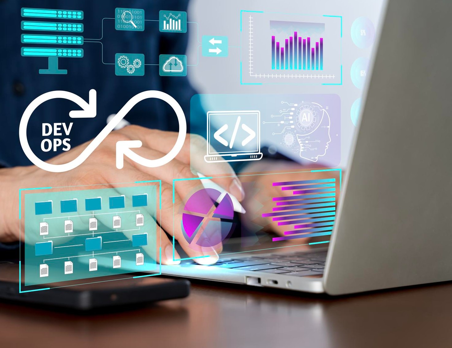 DevOps infinity symbol with digital visualization of CI/CD pipeline components including servers, cloud storage, analytics, and AI integration displayed over a laptop with a person's hand using a mouse