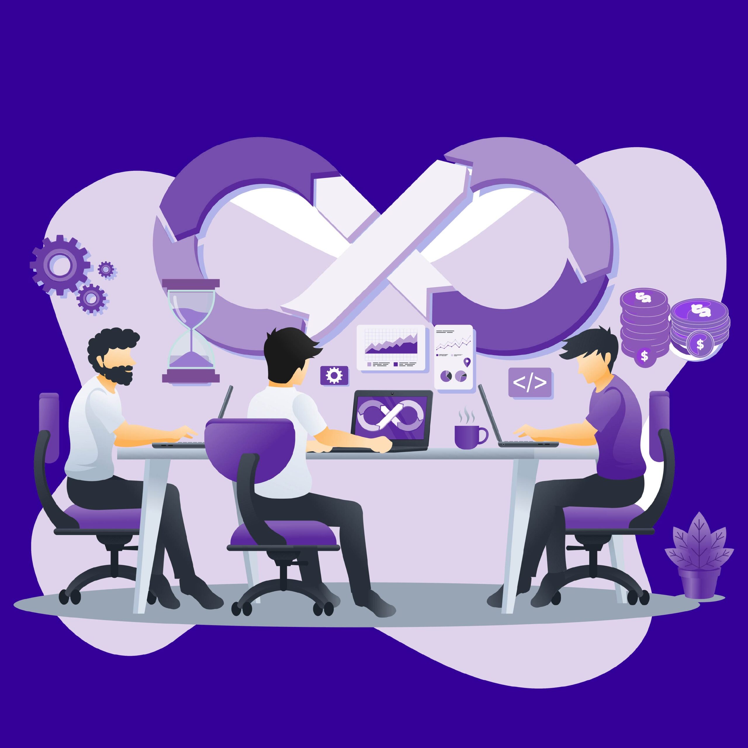 DevOps team collaborating on ephemeral environments with continuous integration workflow visualization showing automated testing and deployment