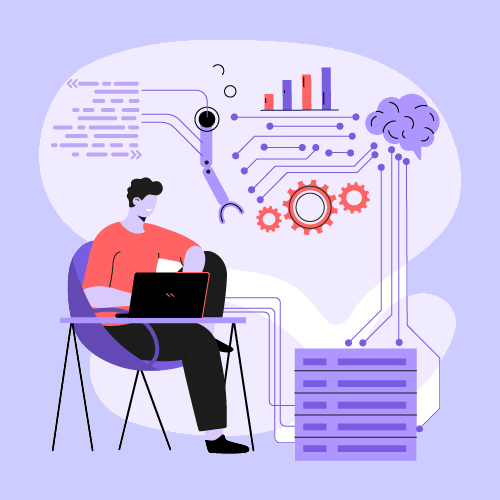 Illustration of a person using a laptop with machine learning and cloud optimization graphics