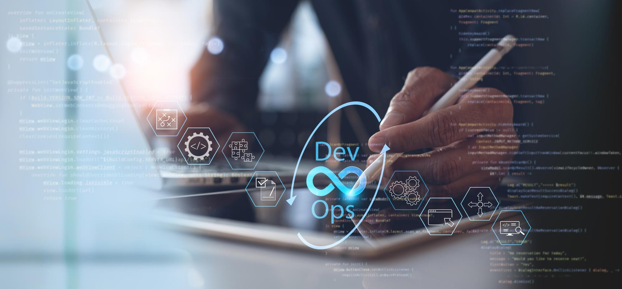 Developer working on code with DevOps infinity symbol overlay and hexagonal icons representing various development tools and automation processes displayed on a dark screen with code in the background.