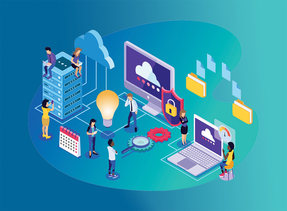 Illustration of cloud infrastructure management with professionals optimizing servers, cloud storage, and security for businesses by DoneDeploy