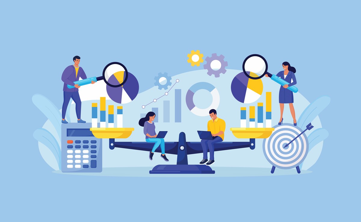 Business people analyzing charts and automating IT tasks on a balance scale, symbolizing efficient business growth without extra IT staff.