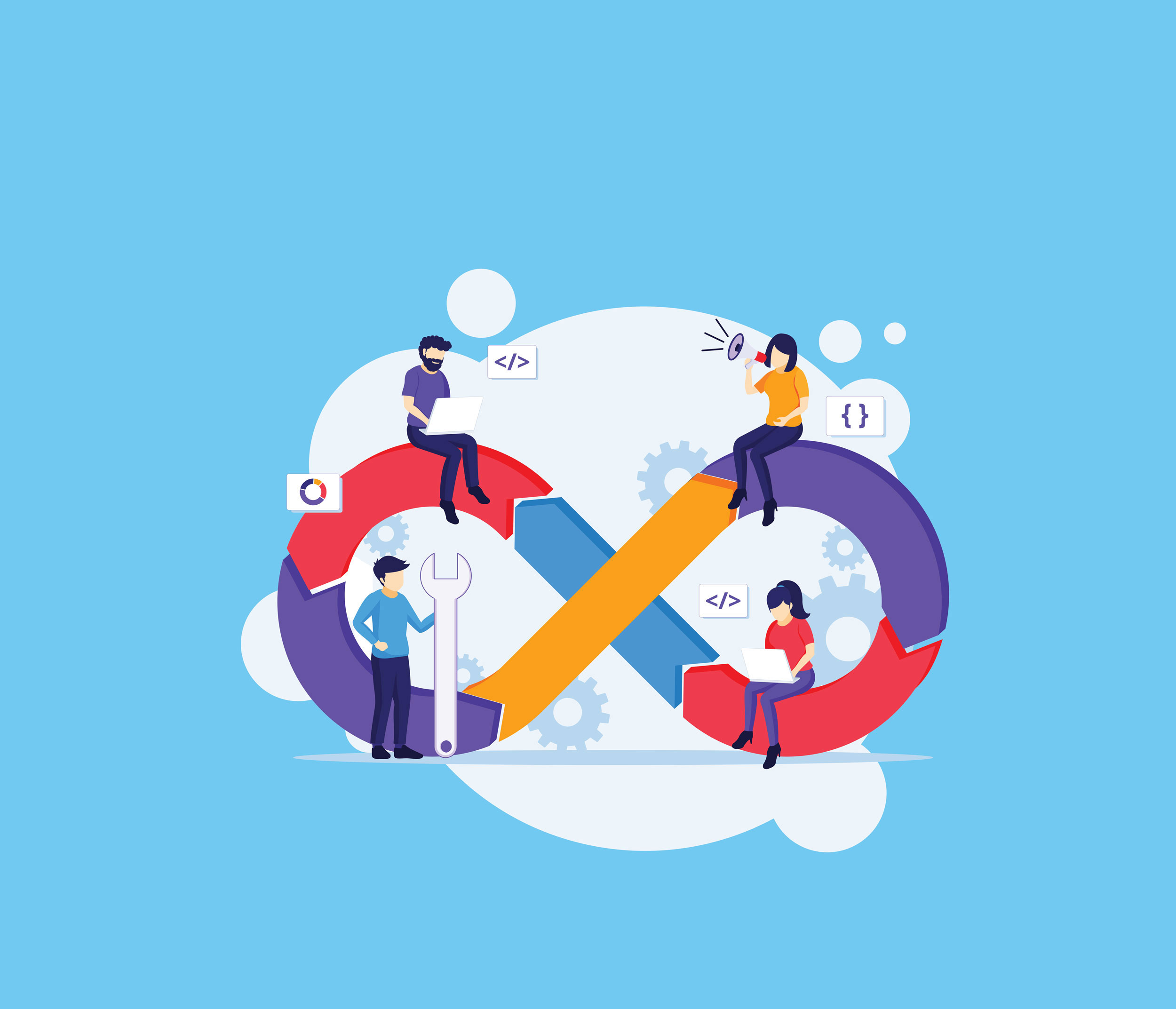 Four people collaborating around a large DevOps infinity loop symbol, with laptops, a wrench, and a megaphone, representing teamwork, automation, and continuous integration on a blue background