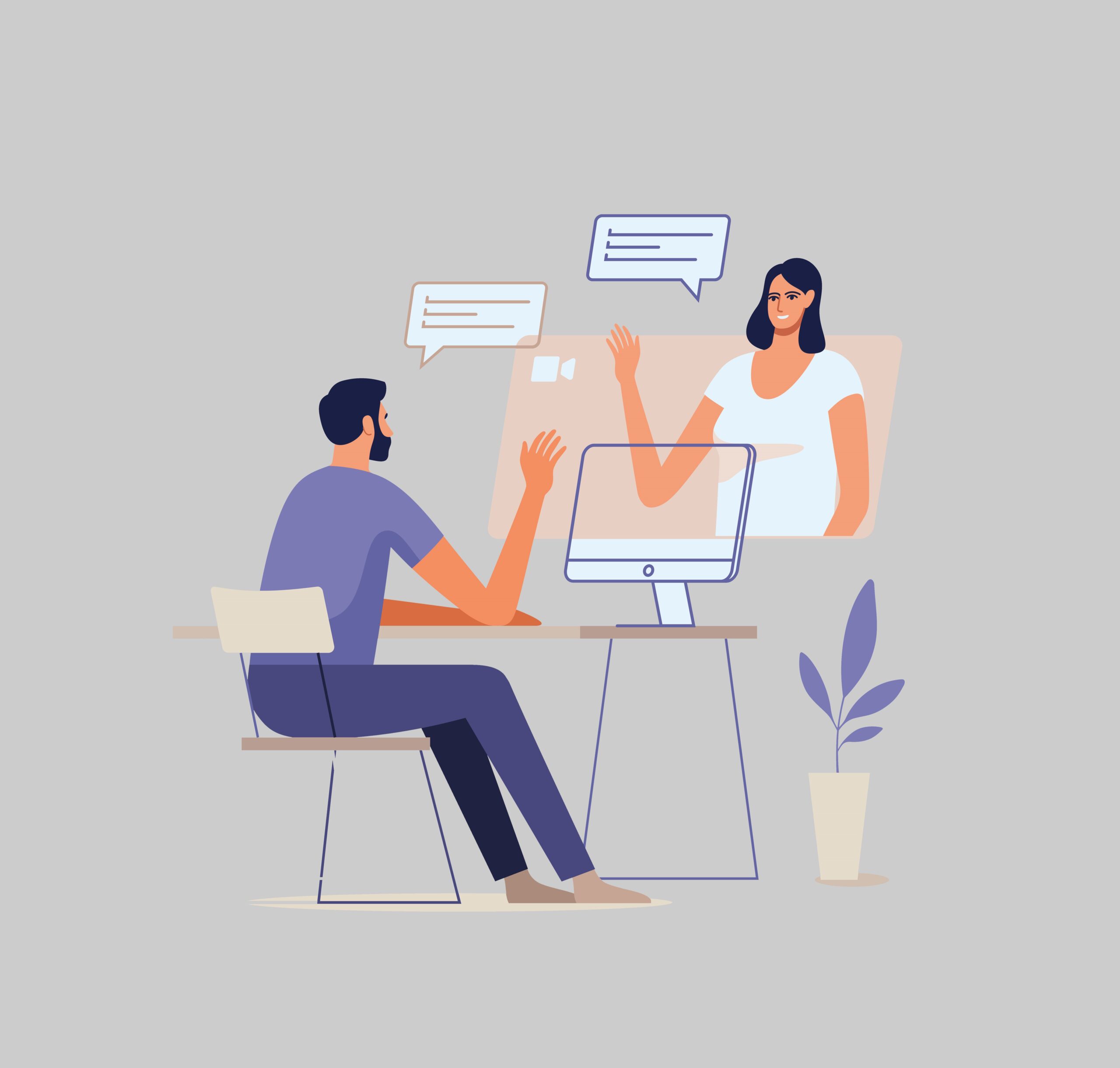 Man and woman having a virtual interview on computer with speech bubbles.