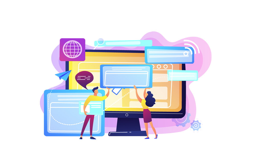 Team designing a website on a large screen in a digital workspace.