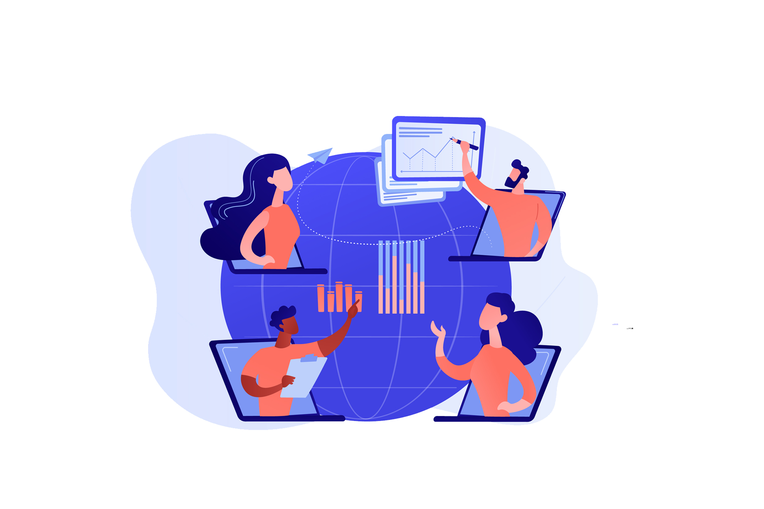 Four people in a virtual meeting, collaborating around a globe with charts and graphs in the background.