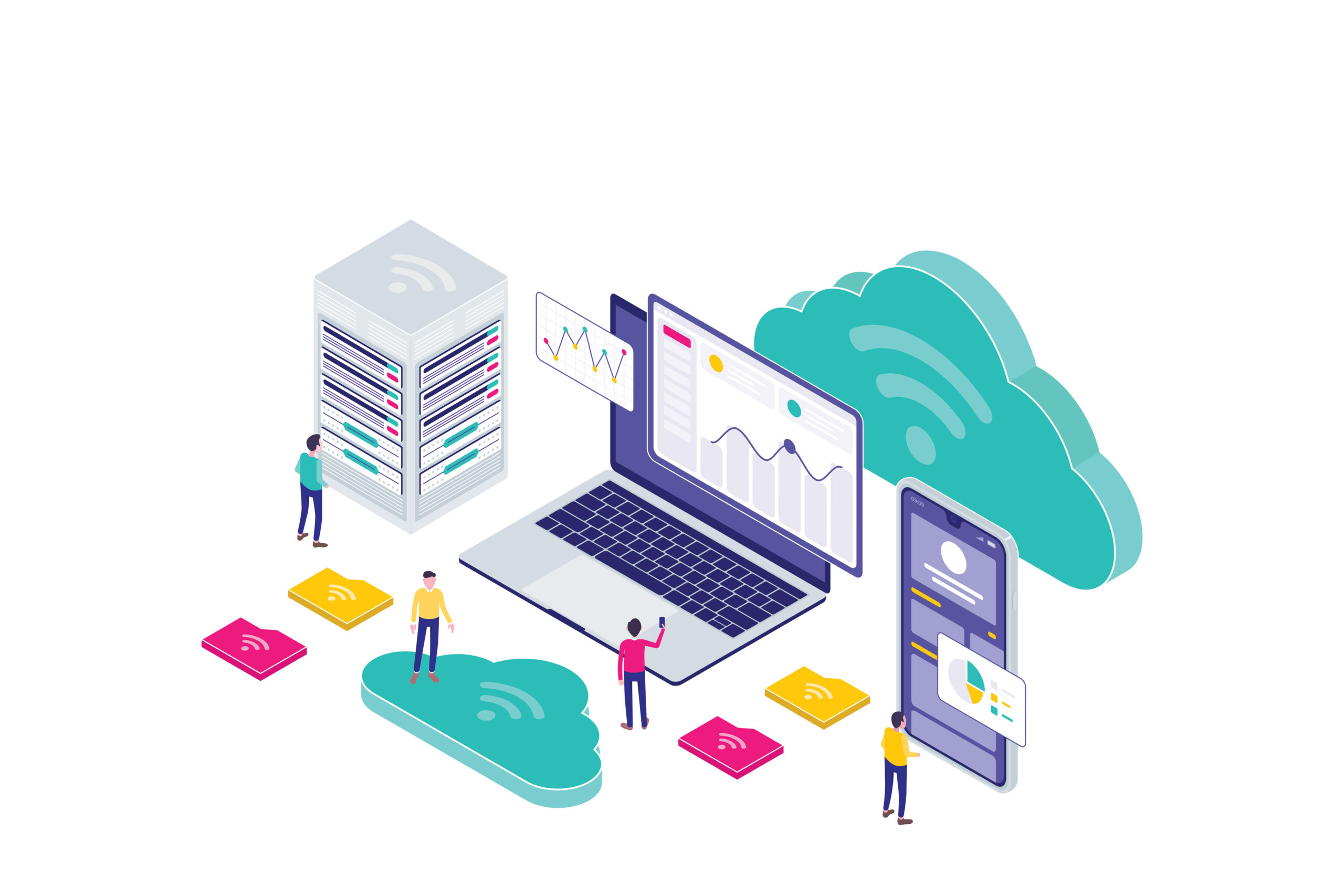Small team collaborating on cloud infrastructure with a server, laptop displaying analytics, smartphone, and cloud icons.
