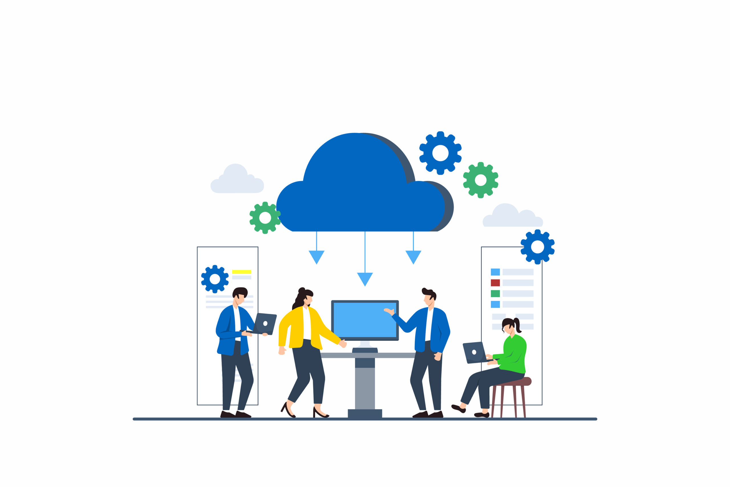 Cloud network with gears above a team collaborating on cloud technology.