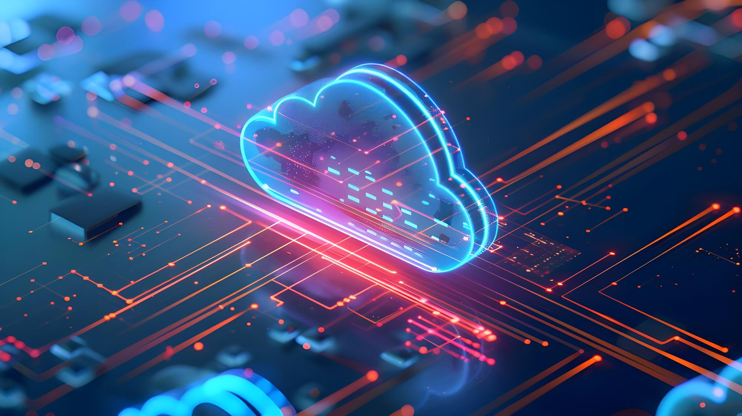 Digital cloud with blue and orange data connections.
