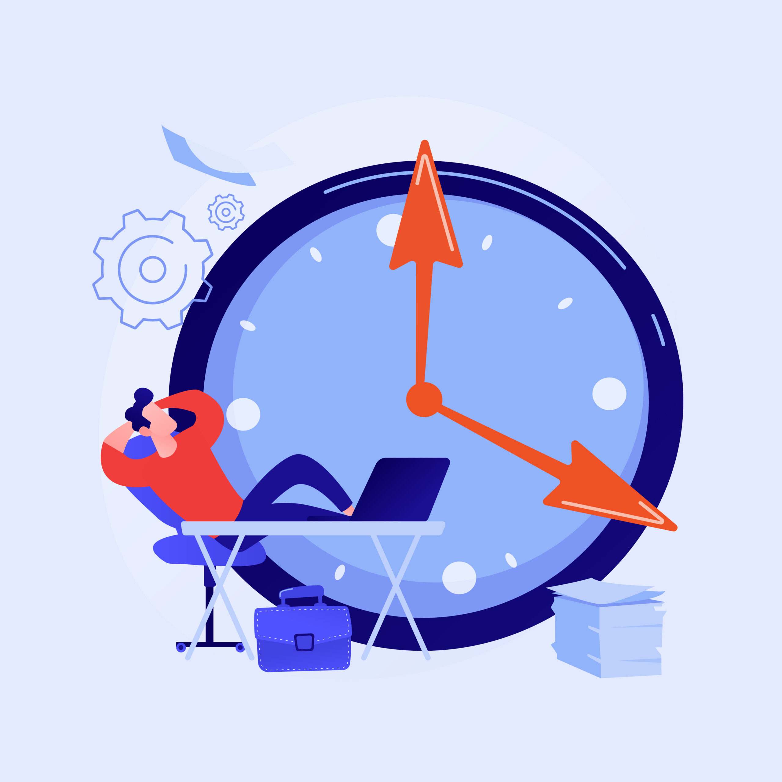 Illustration of a relaxed employee at a desk in front of a large clock, symbolizing time management and work hours.