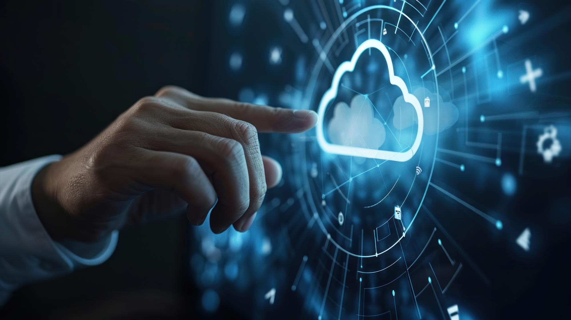 Finger pointing to a glowing cloud icon on a digital interface, indicating smart cloud automation.