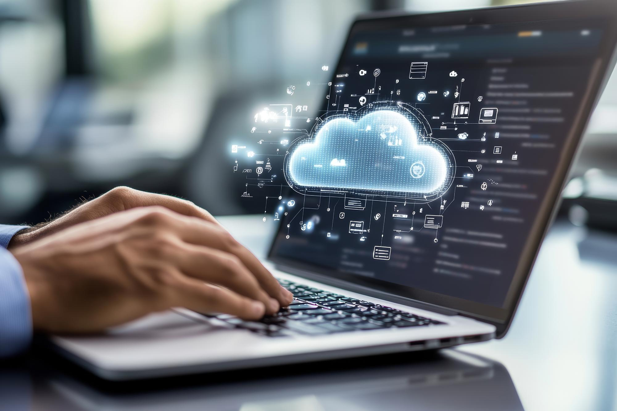ands typing on a laptop with a glowing cloud and UI icons, symbolizing automated cloud cost optimization.