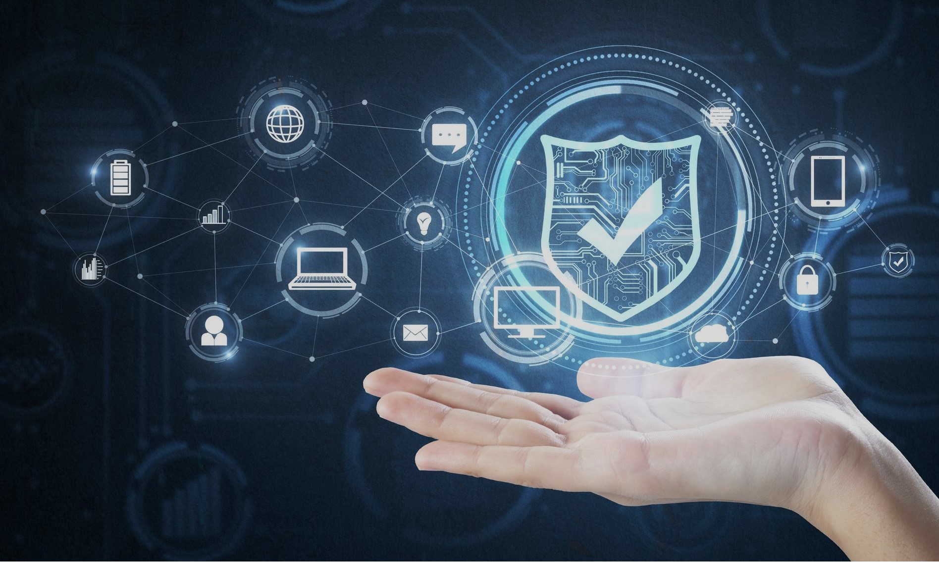 Hand under a glowing shield with a checkmark, surrounded by connected security and DevOps icons