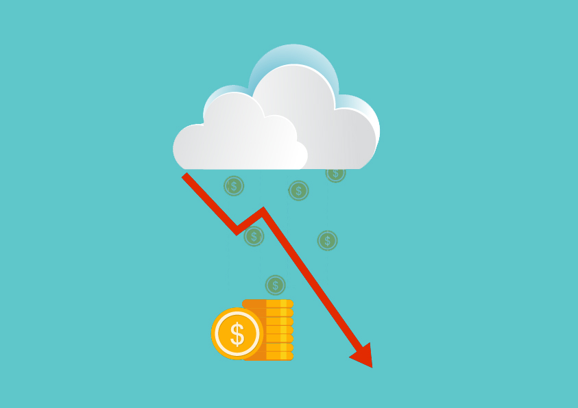 Cloud with coins and a red downward arrow indicating reduced cloud costs and savings