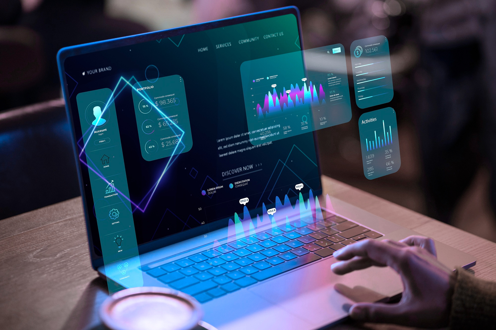 Floating neon analytics panels and charts above a laptop with a hand on trackpad, night workspace, no faces
