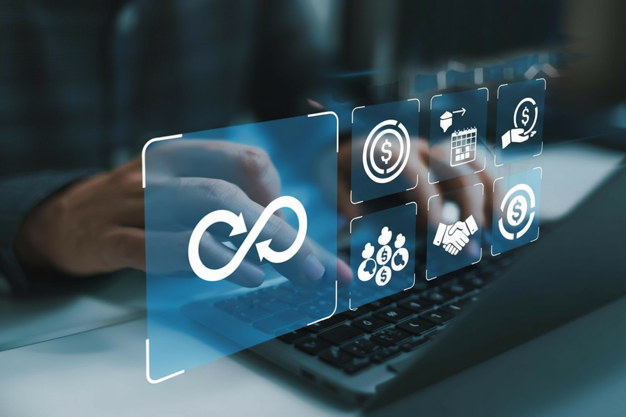 DevOps infinity icon replacing ROI on a glass UI panel over a laptop, no charts or faces