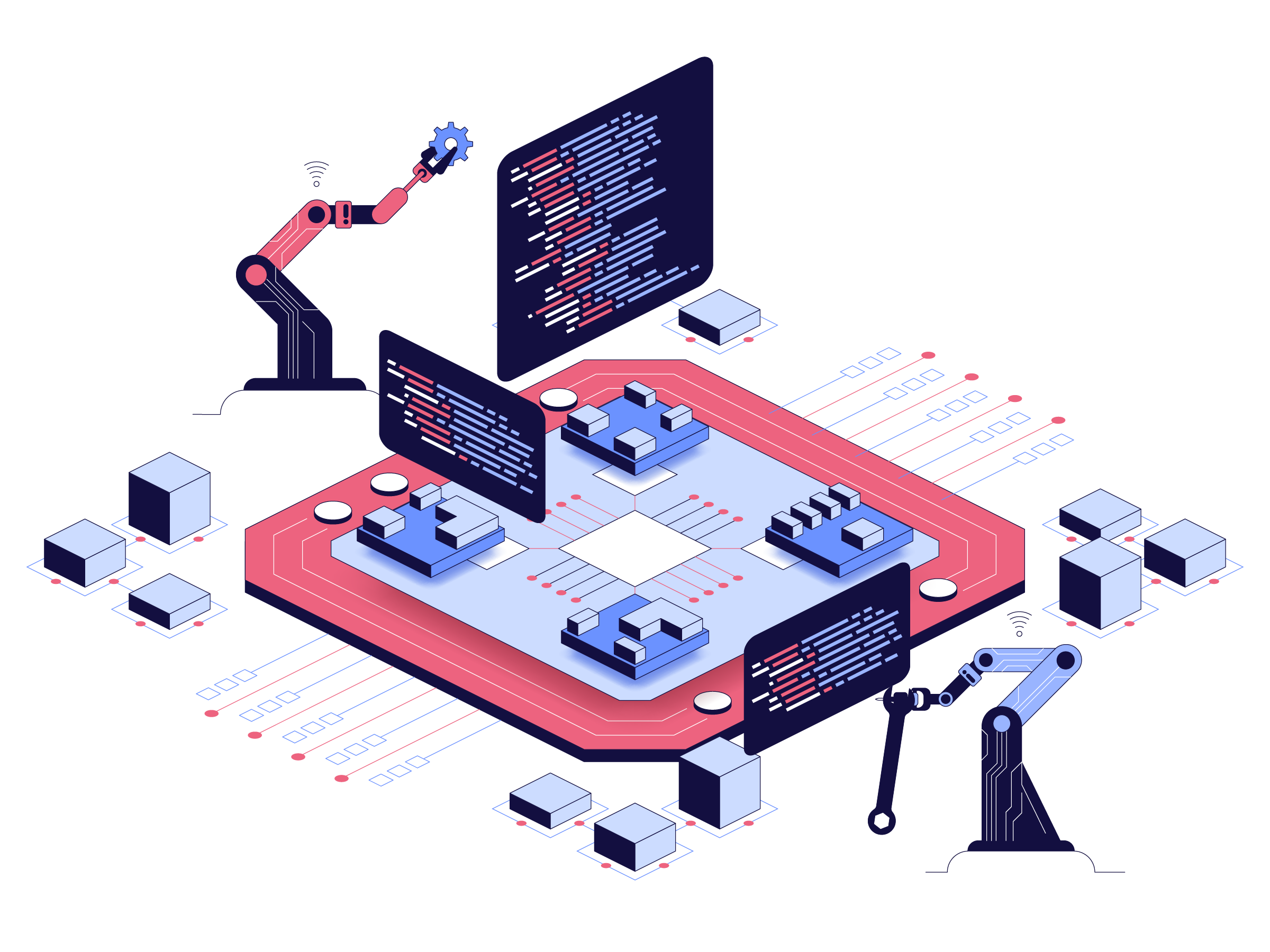 Robotic arms programming a microchip with code blocks