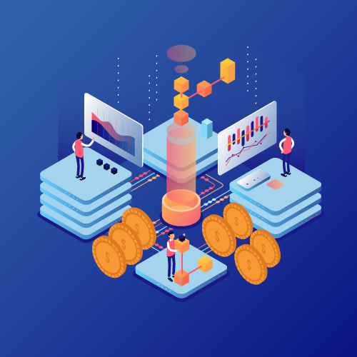 CI/CD ROI concept illustration with team, coins, and abstract pipeline nodes