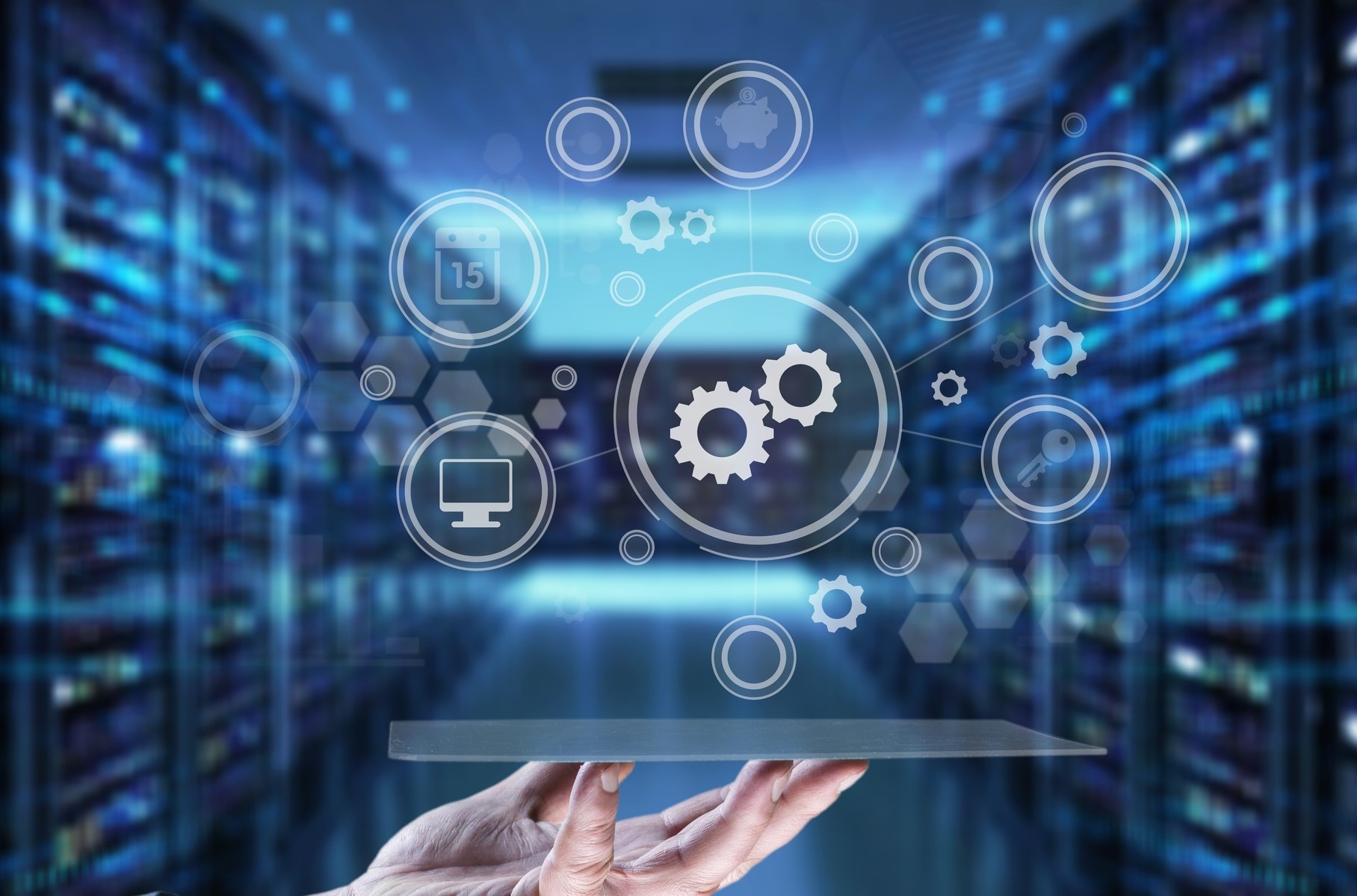 Automation icons over datacenter background