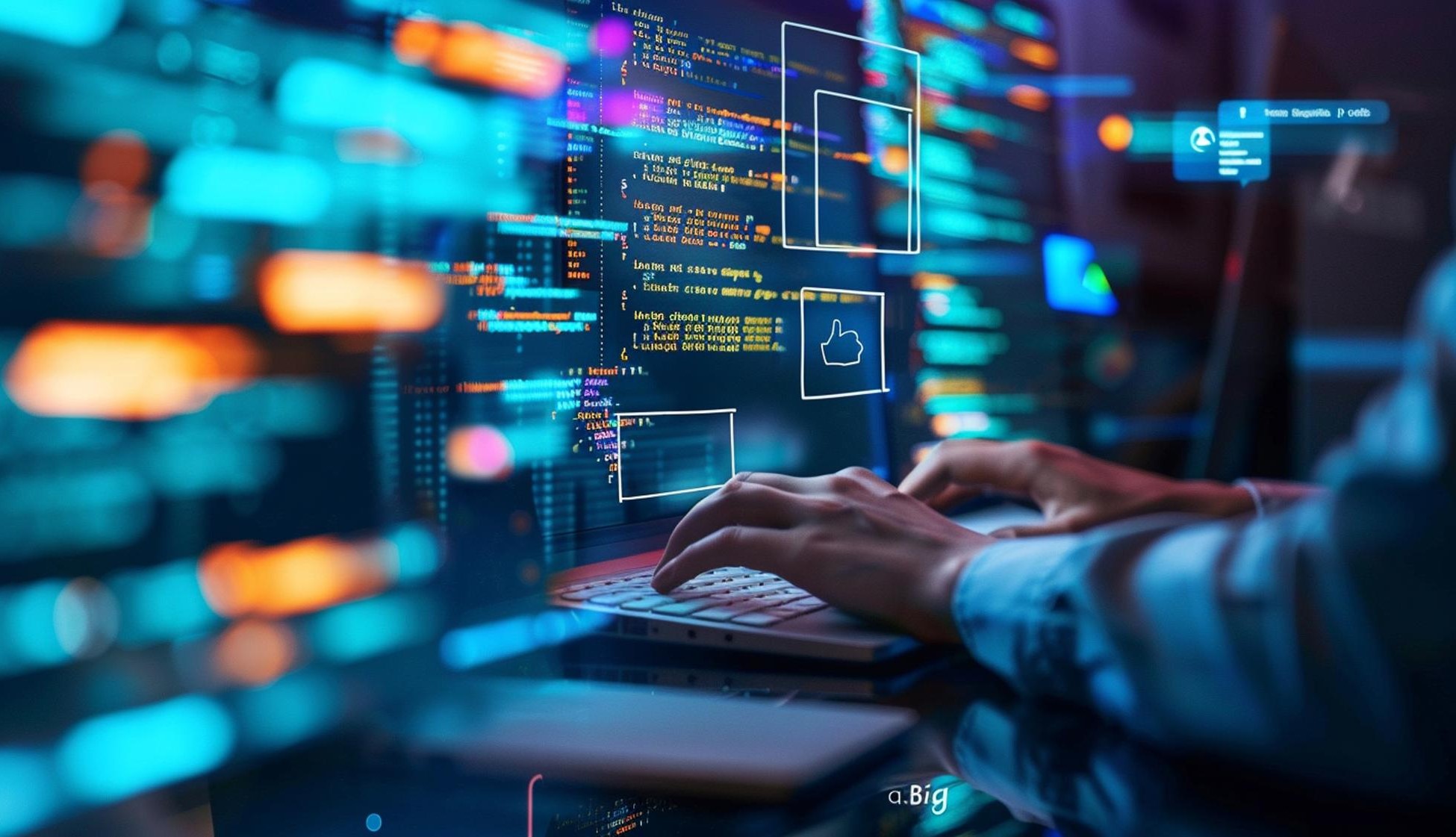 Hands coding on a laptop with colorful blurred code on screen