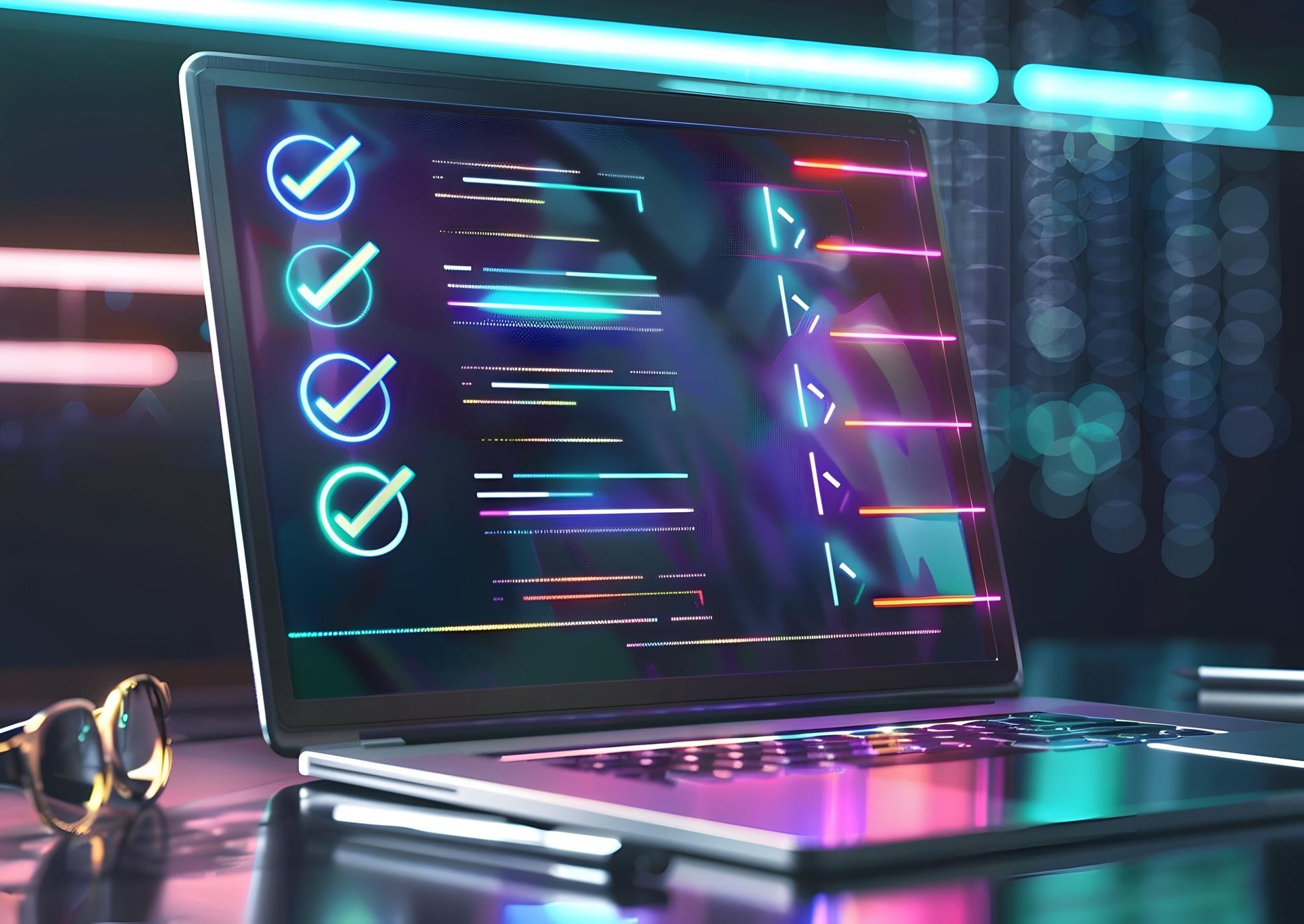 Digital automation checklist on a laptop screen with a neon theme.