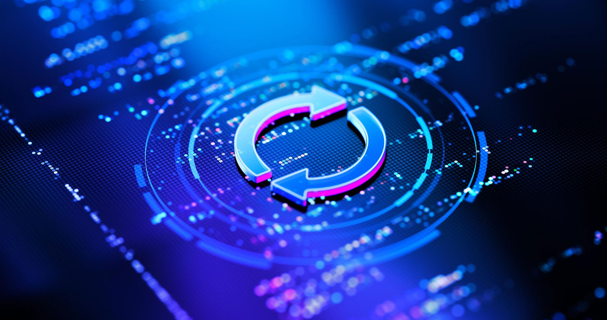 Digital update icon representing a continuous improvement cycle on a code background.