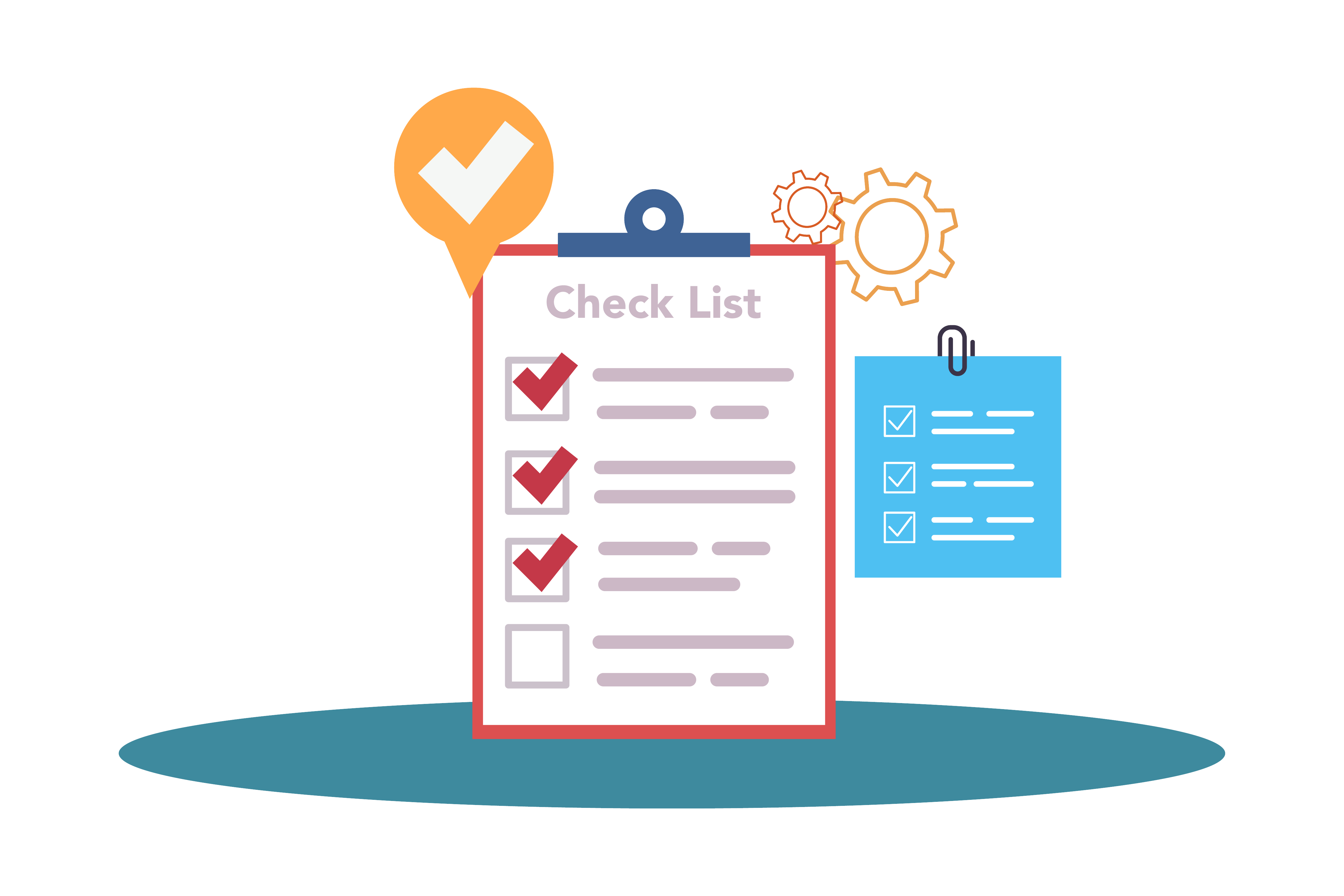 Checklist with red checkmarks, gear and confirmation symbols