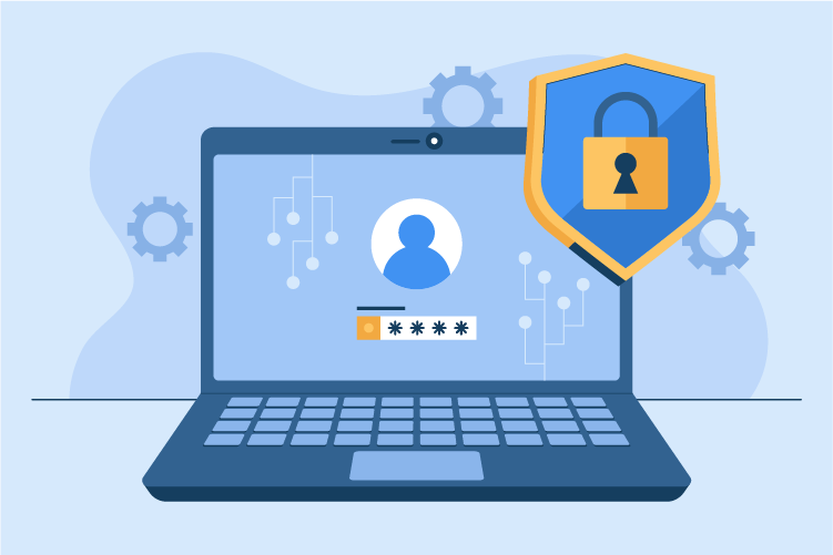 Laptop screen showing a user login password field with a shield and padlock icon, representing secure access and protected secrets