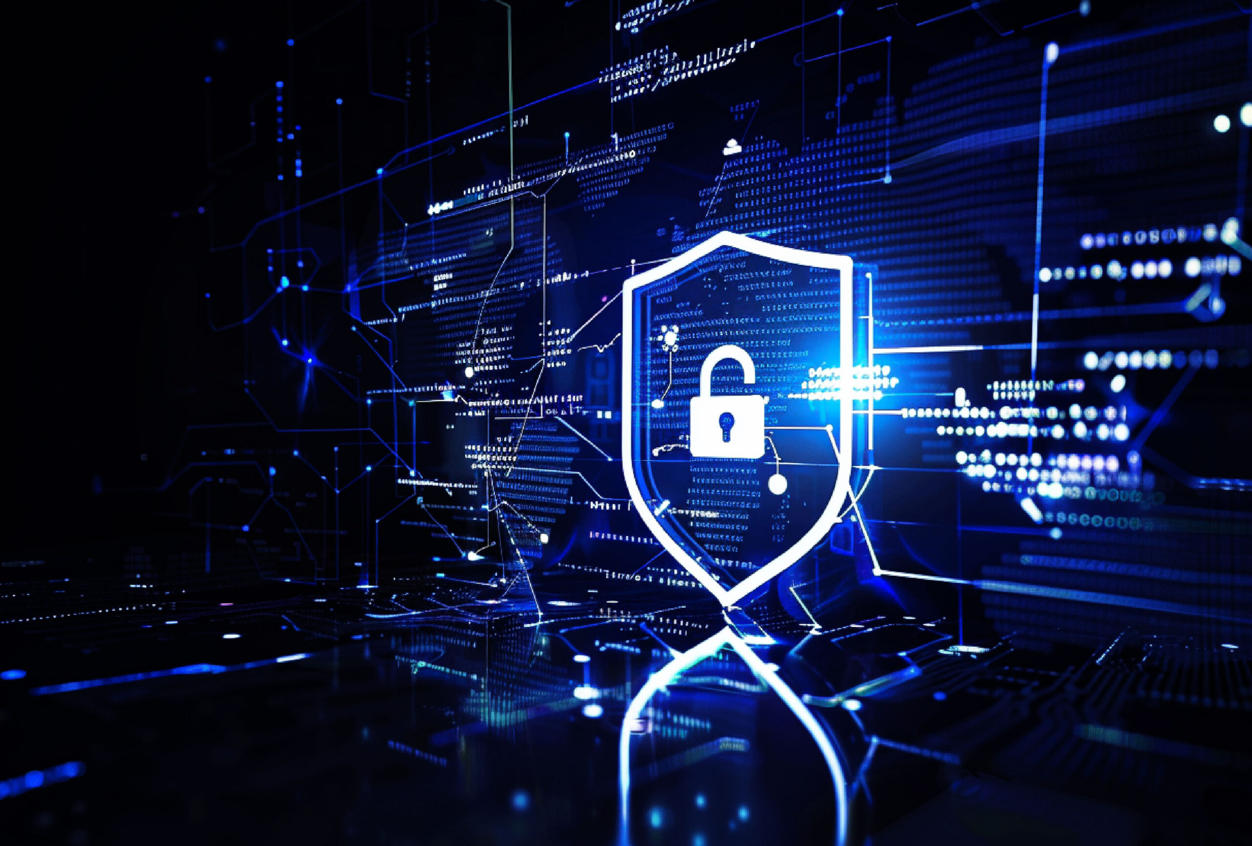 Glowing digital shield with a padlock over a dark network background, symbolizing secure infrastructure and protected secrets