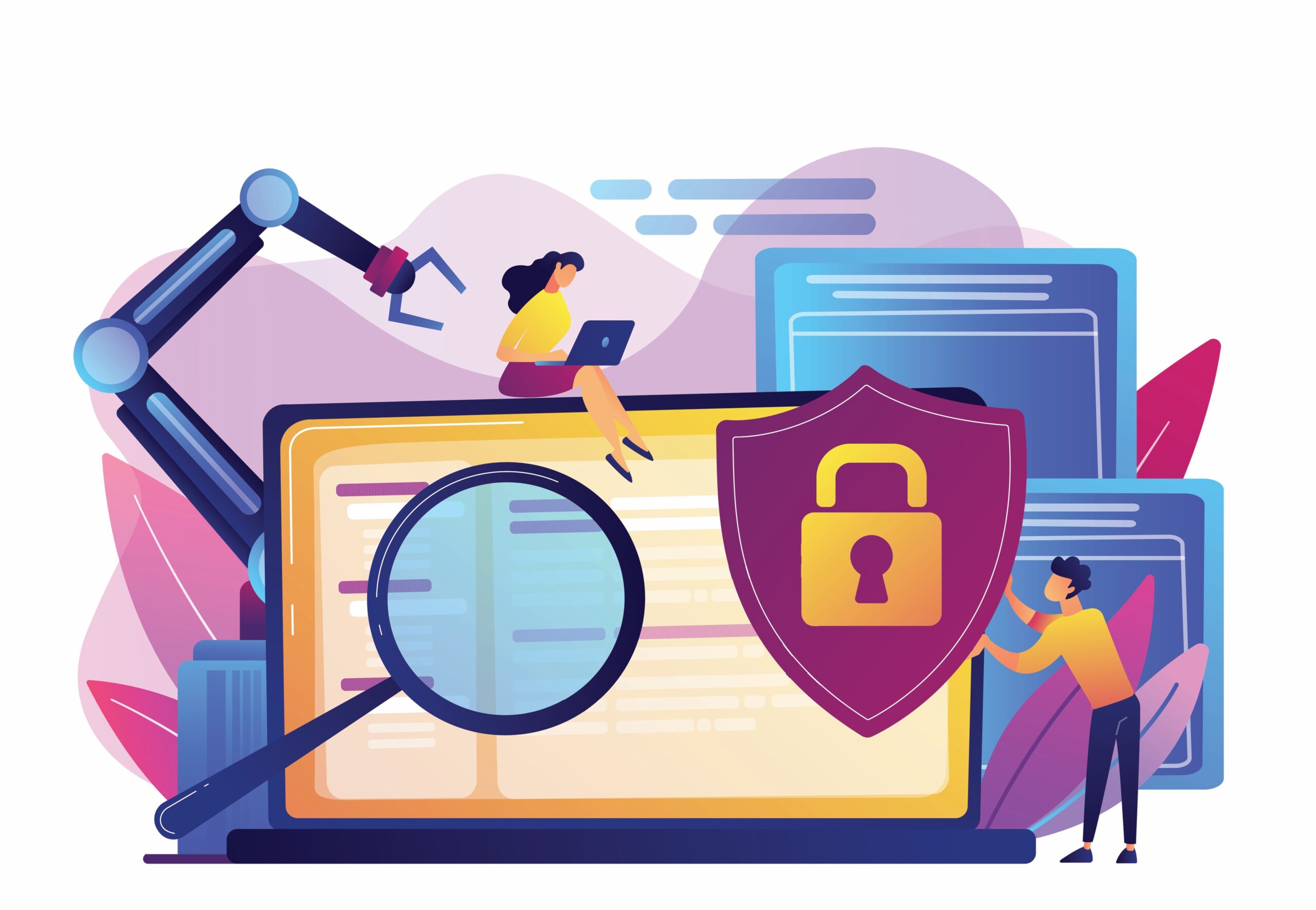 Developers and robot inspecting secure code with magnifying glass and shield.