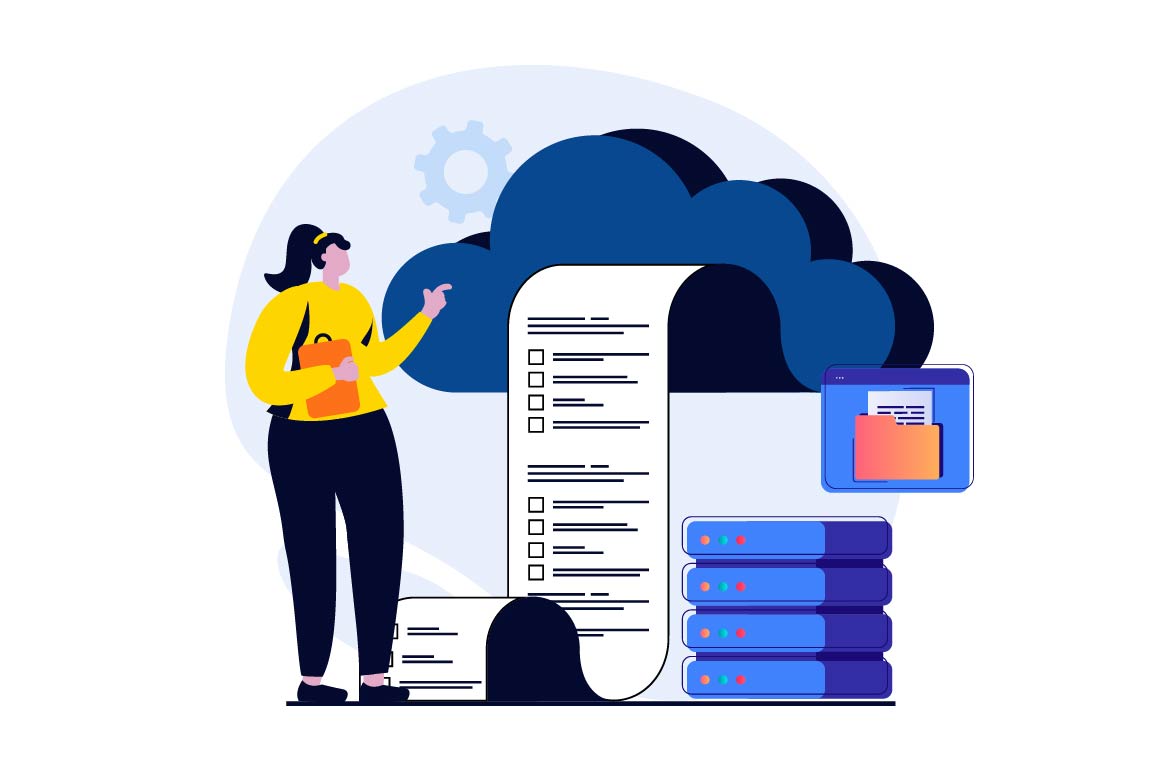 Illustration of a product owner reviewing a long checklist coming from a cloud above servers, representing a cloud project questionnaire.